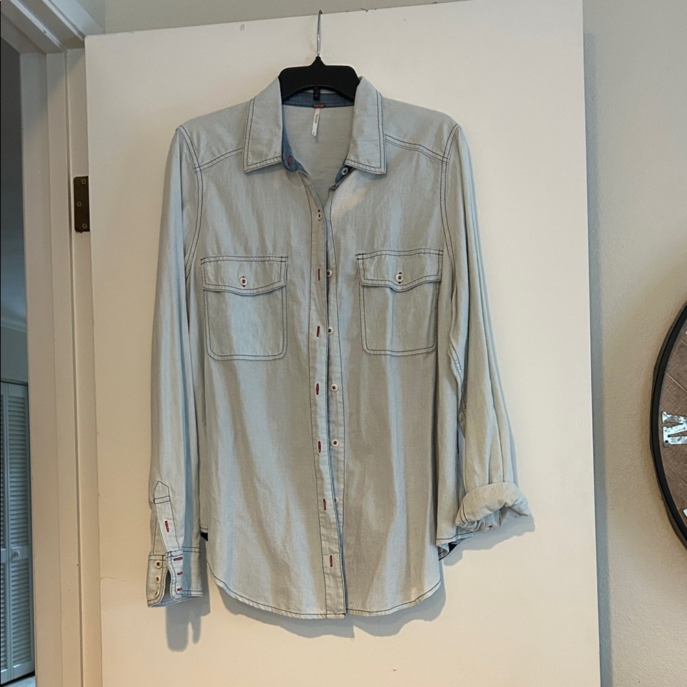 Free People Sky Blue Button-Down Distressed Shirt